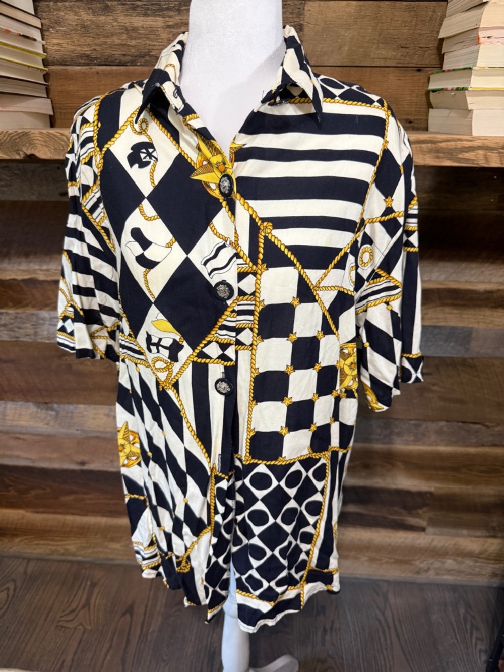 Men's Black, White & Gold Geometric Nautical Short-Sleeve Button-Down Shirt